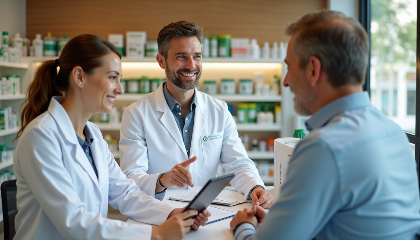 Équipe de pharmaciens en consultation avec un patient dans une pharmacie lyonnaise