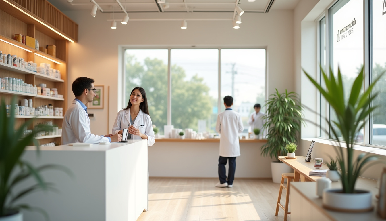 Intérieur moderne de la Grande Pharmacie Lyonnaise avec clients en consultation