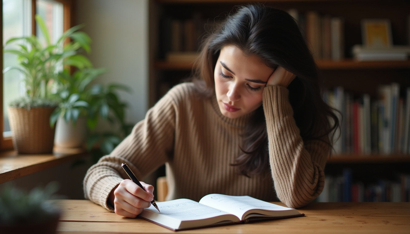 Personne en pleine concentration, calculant son chemin de vie à la main sur un carnet avec un stylo