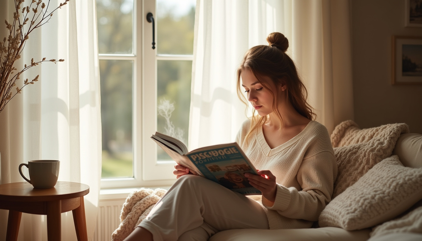 Personne lisant le magazine Psychologie Positive dans un endroit calme avec lumière naturelle