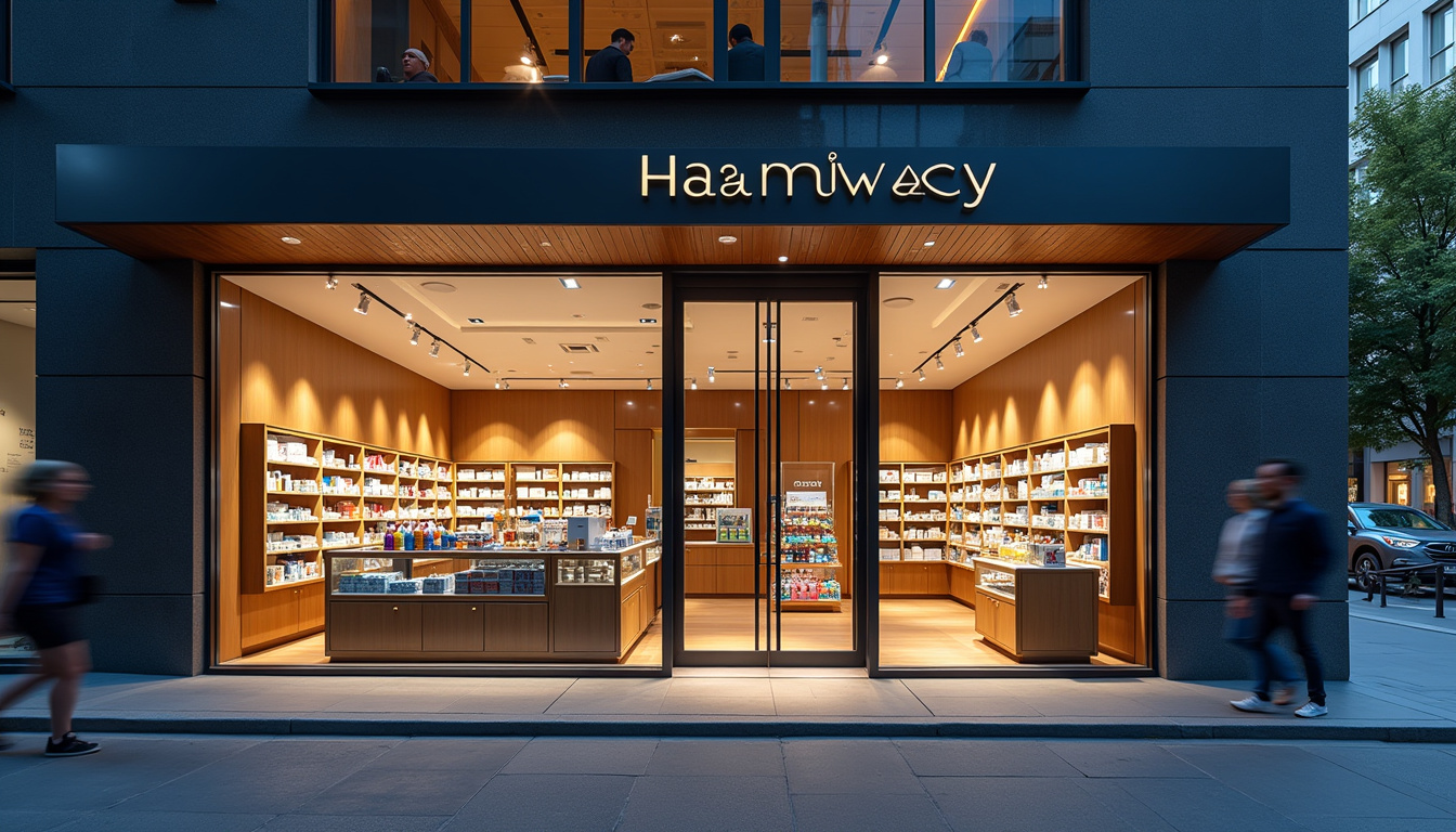 Pharmacie des thermes située en plein centre-ville, avec une vitrine bien éclairée et des produits en exposition