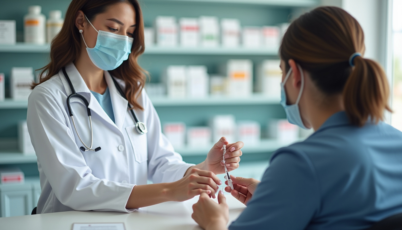 Pharmacien en blouse blanche en train de vacciner un patient sans rendez-vous en pharmacie