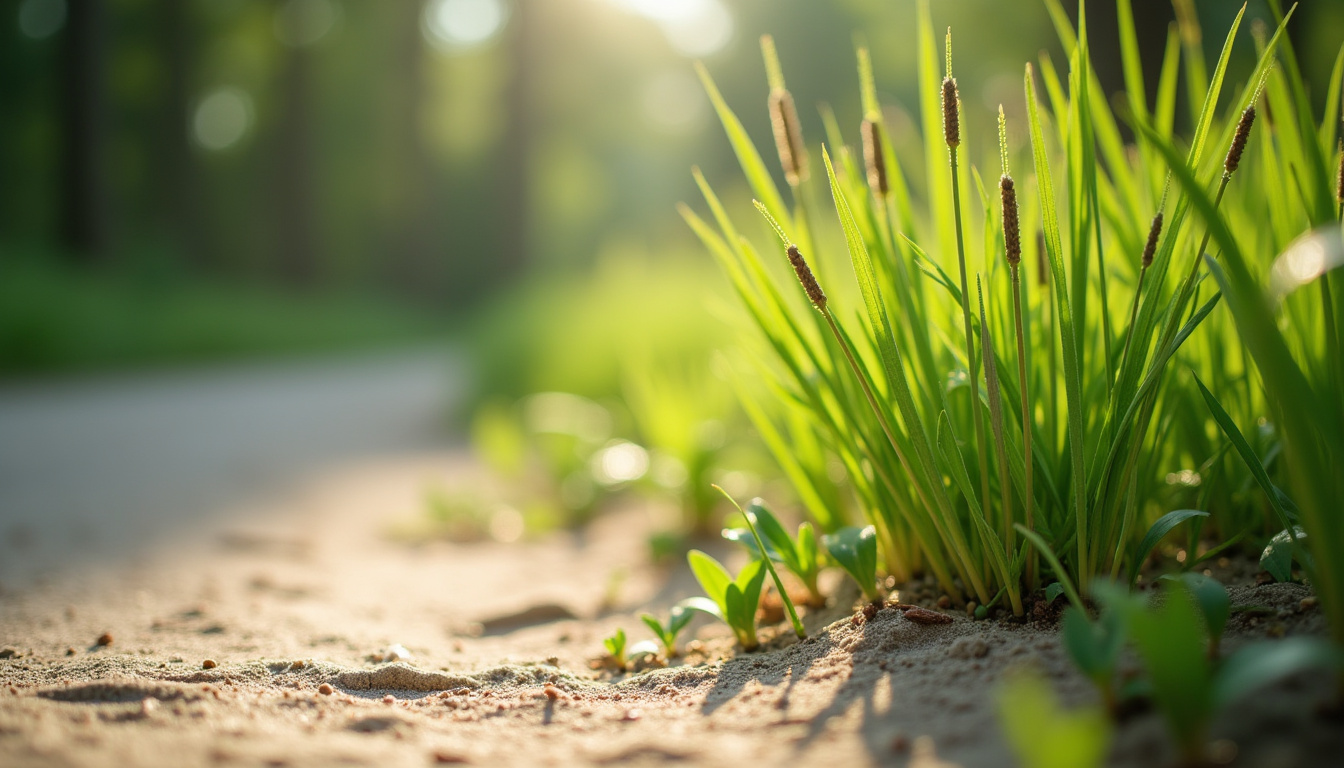 Plante de prêle des champs poussant en bordure de chemin sur un sol humide et sablonneux