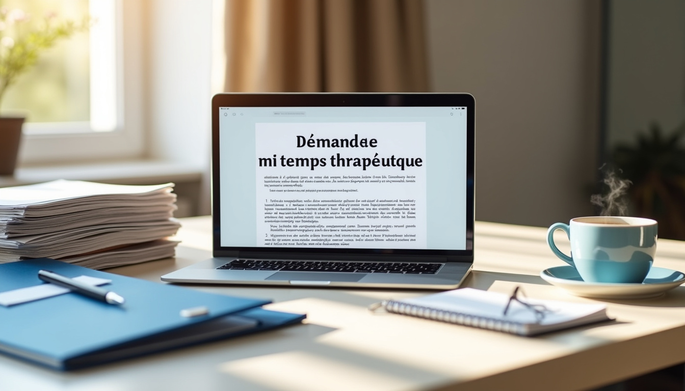 Préparation d'un dossier administratif pour un mi-temps thérapeutique sur un bureau avec documents et ordinateur