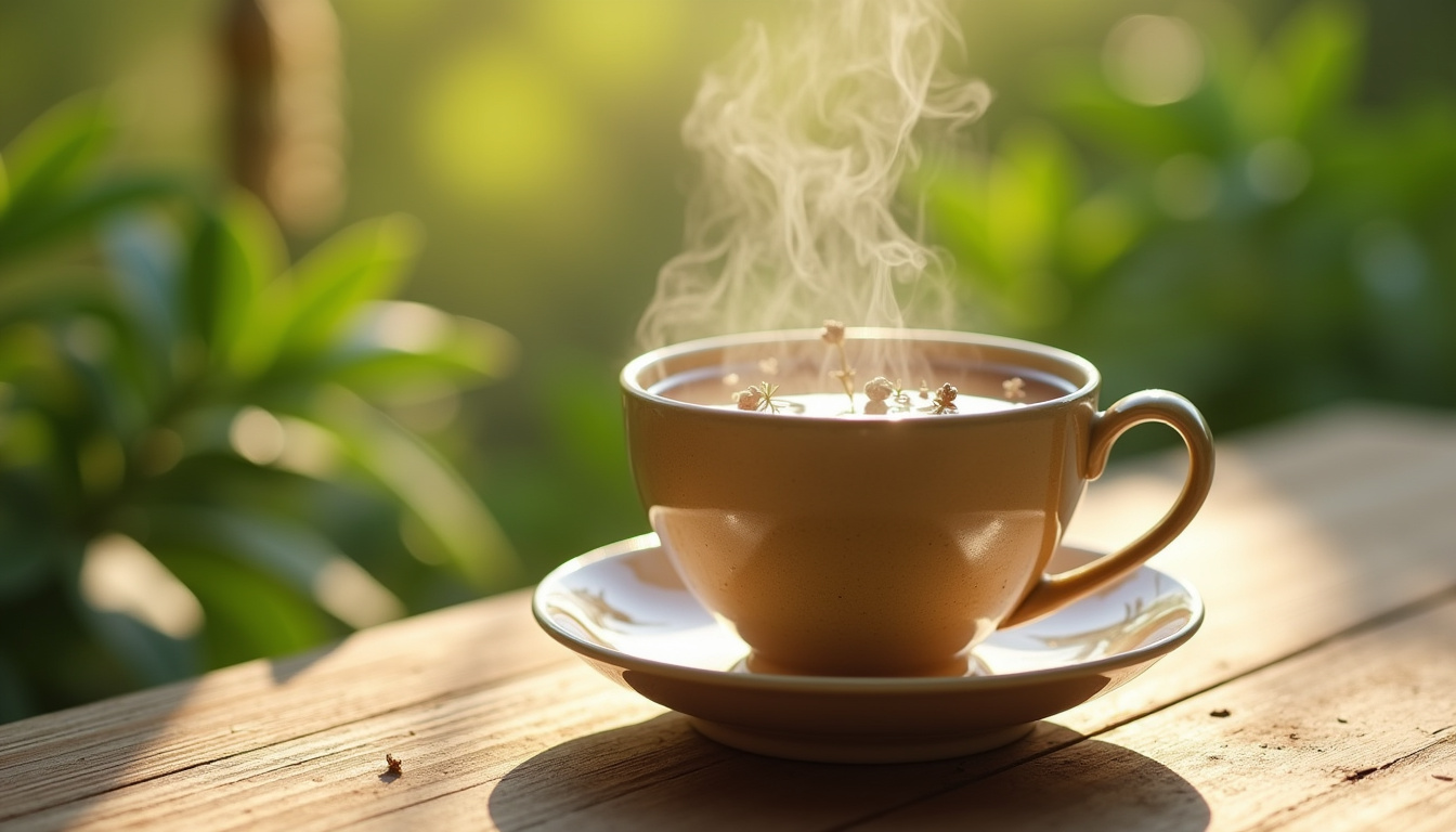 Tisane de prêle servie dans une tasse en céramique, avec des tiges séchées visibles
