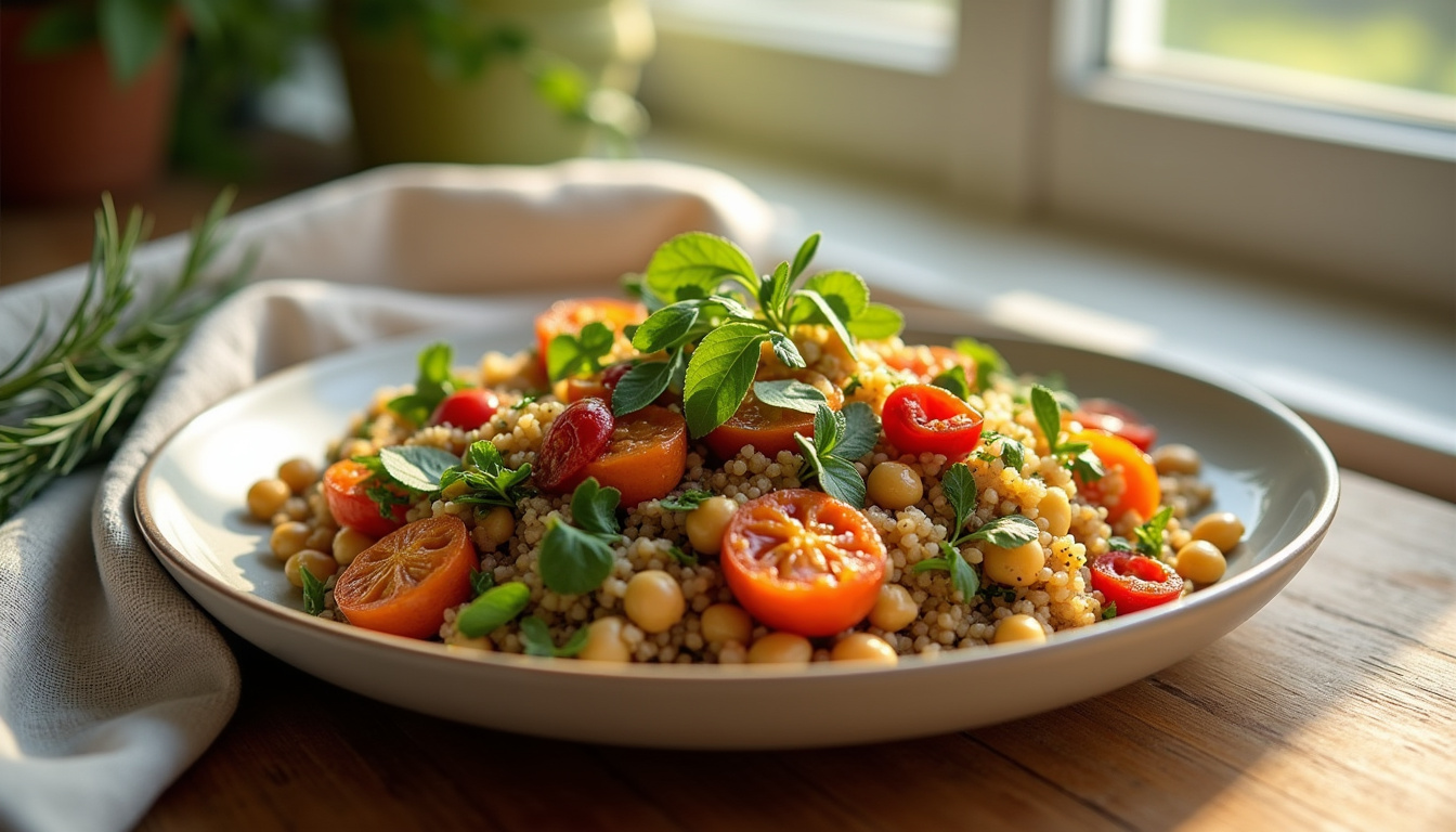 Assiette équilibrée composée de légumes bio, céréales complètes et protéines végétales