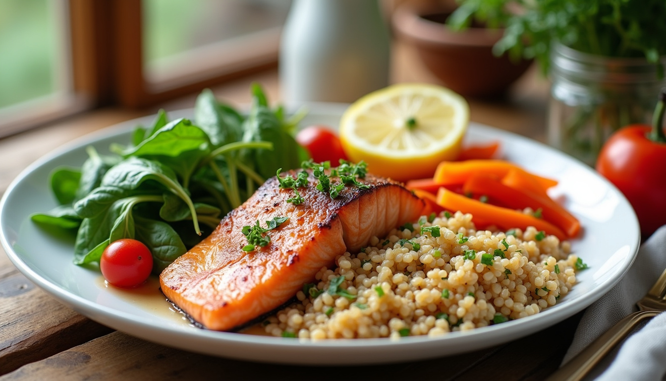 Assiette équilibrée composée de légumes, poissons et céréales complètes pour la santé cardiaque