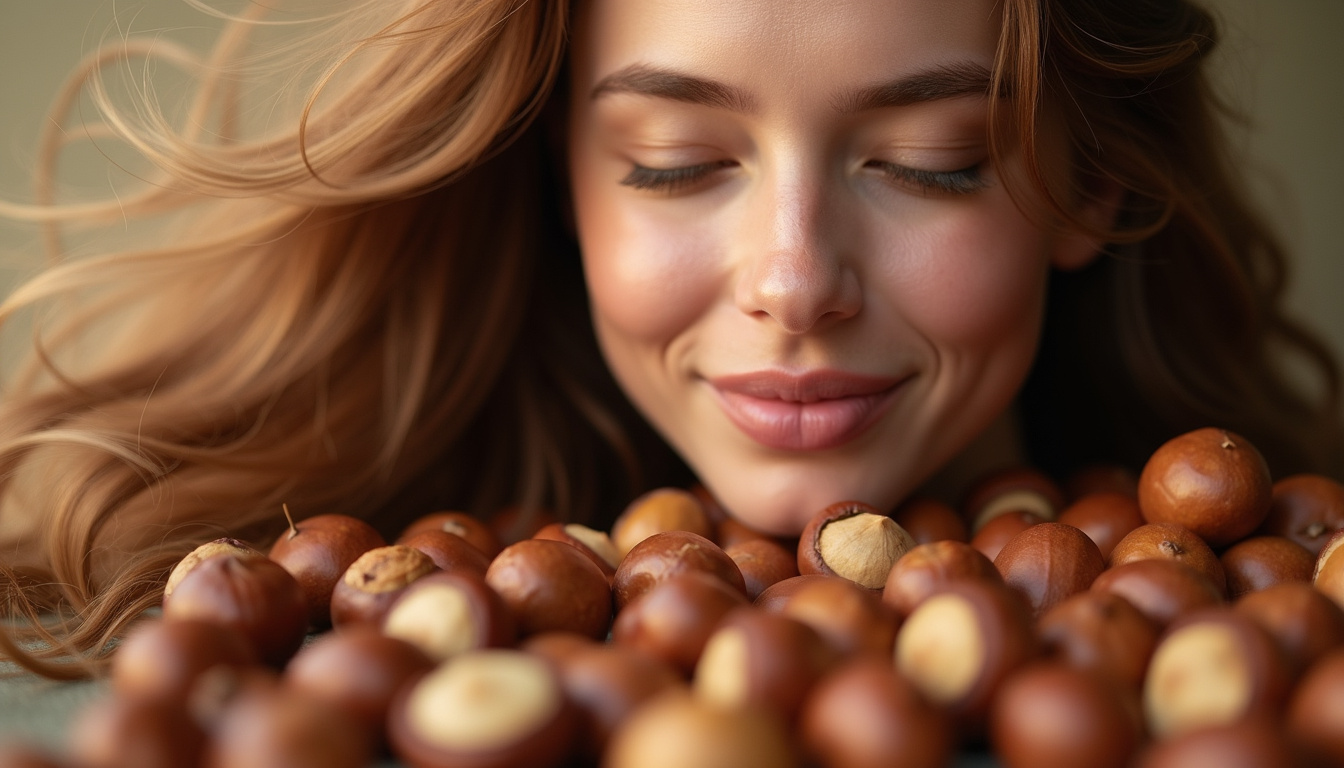 Noisettes entourant un visage et des cheveux stylisés, illustrant leurs effets sur l'apparence physique