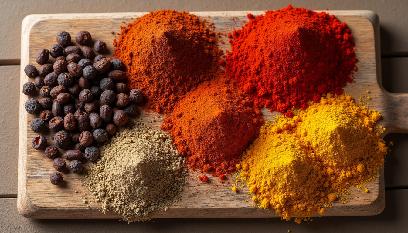 Vue aérienne des épices essentielles posées sur un plan de travail en bois: poivre, paprika, cannelle, cumin, curcuma, gingembre